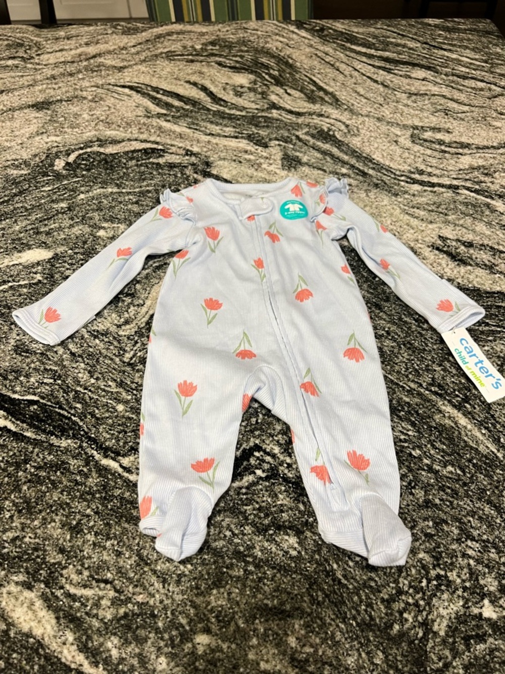 Carter's Light Blue Footed One-Piece with Pink Tulip Print